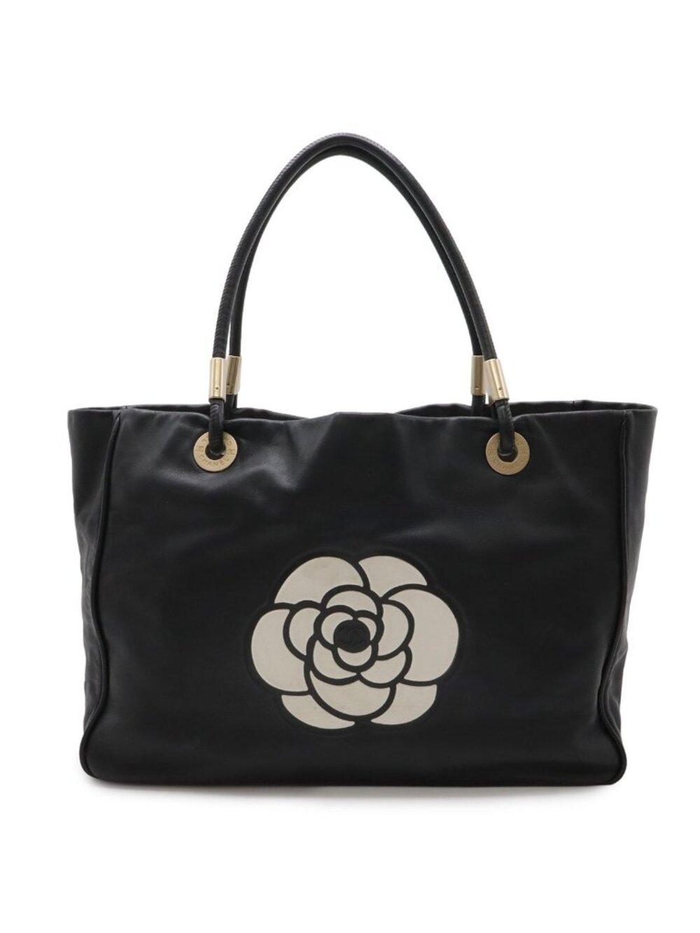 Chanel Camellia Logo Tote Large Shoulder Bag Leather Black Silver